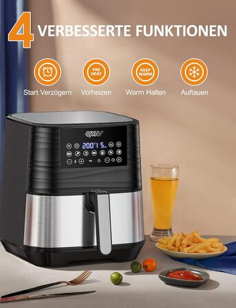 Аерофритюрниця Innsky 5,5 л XXL, 1700 Вт, цифровий LED-екран, 7 програм, функції розігріву, підтримки тепла, розморожування, без олії, з німецькою кулінарною книгою, срібляста