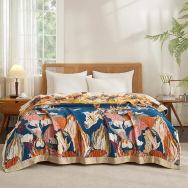 Богемна ковдра Softexly Boho Decke 100% бавовна – двостороння муслінова ковдра 150x200 см, м'яка софа та ковдра на ліжко, естетичний дизайн, ідеально підходить для вітальні та спальні, Orange/Grün Blütentraum (230 x 250 см, Sommertanz)
