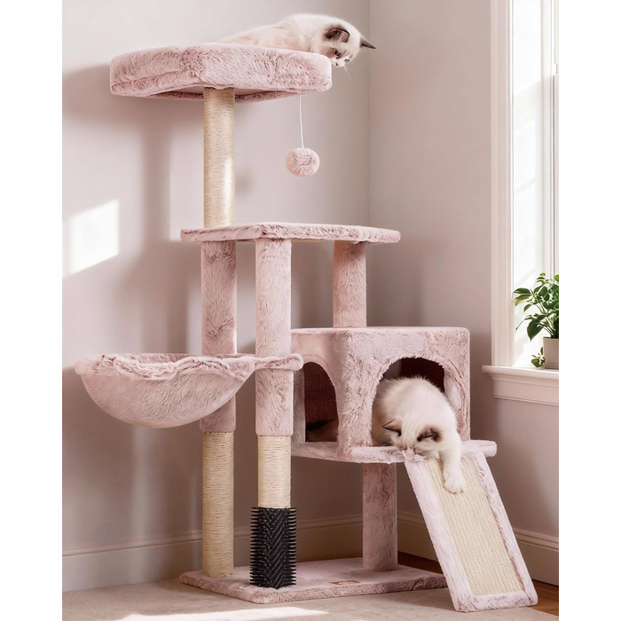 Котячий будиночок Heybly з щіткою для котів, котячий будиночок для домашніх котів з оббитою м'якою стійкою, котячий когтетоп з кошиком, когтеточкою та когтедровом, HCT005SG (коричнево-бежевий)