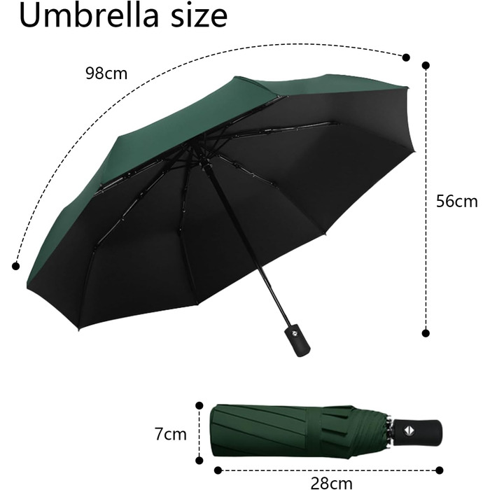 Автоматичний парасолька-тростина, стійкий до вітру, з захистом від UV, легкий та міцний, білий (темно-зелений)