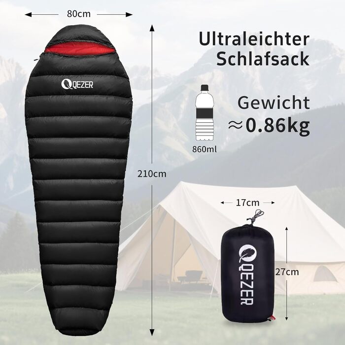 Спальний мішок для дорослих та дітей, зимовий, легкий, для кемпінгу та альпінізму, 650 FP гусячий пух, 500г, чорний, робоча температура -30°C ~ +8°C