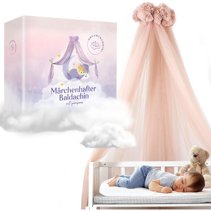 DREAMYBAMBINI Fairytale Canopy for Baby Crib, Princess Baby Bassinet, Co-Sleeper Baby Bed, Mosquito Net, Nursery Decor, Children's Room Canopy 170x960 cm (Cream-Beige with pink accents) Cream-Beige (with pink accents)