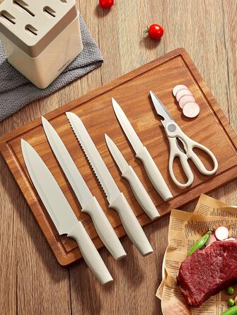 Набір кухонних ножів Yabano, 7 предметів: ніж кухарський, ніж для хліба, ніж для овочів, ніж для м'яса, ніж для чистки, ніж для стейка, ніж для овочів з інтегрованим точилом та пластиковим блоком (білий)