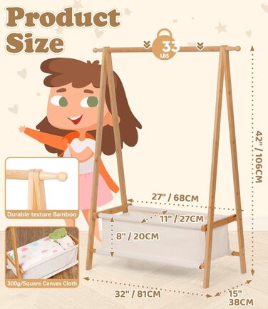 Relquorax Bamboo Children's Clothes Rack with Storage Bag and Clothes Rail, Dress-Up Stand, Small Wardrobe Rack, for Costumes in Children's Rooms (Natural Color)