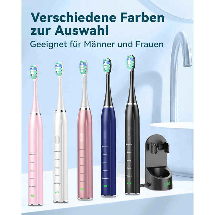 Електрична звукова зубна щітка для дорослих - відбілювання, ультразвукова, з кейсом для подорожей та зарядною станцією, 8 насадок, 5 режимів чищення (Чорна)