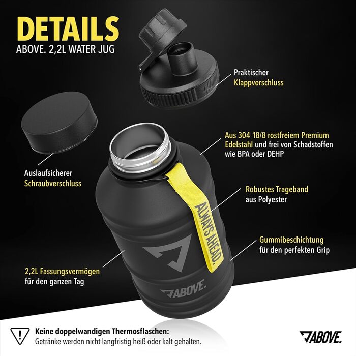 Фляга спортивна металева 2.2 л ABOVE Edelstahl - BPA-free, герметична, міцна - для фітнесу, спорту, туризму, подарункова коробка, чорна