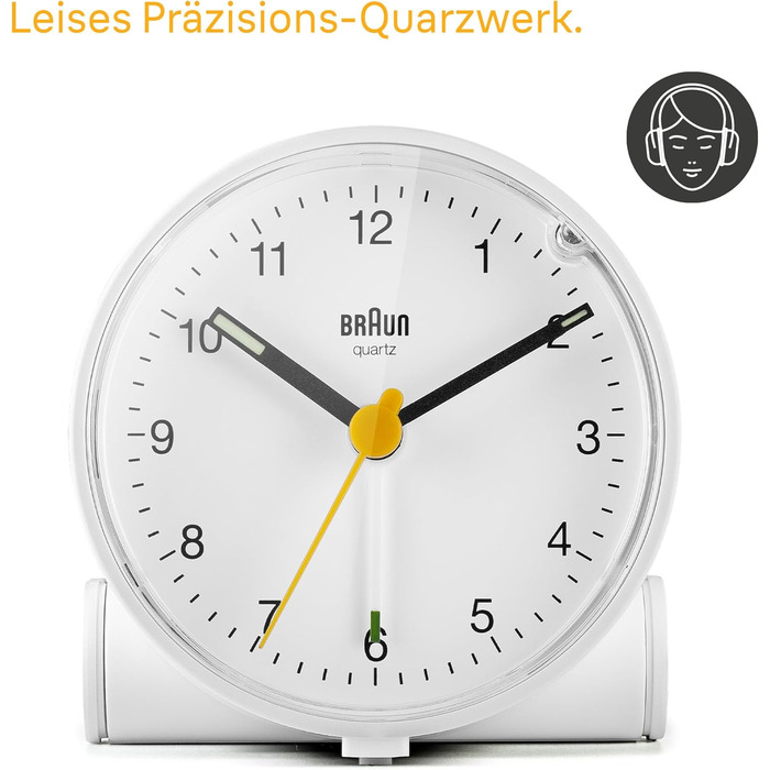 Braun Classic analog alarm clock with snooze function and light, quiet quartz movement, crescendo alarm in white, model BC01W.