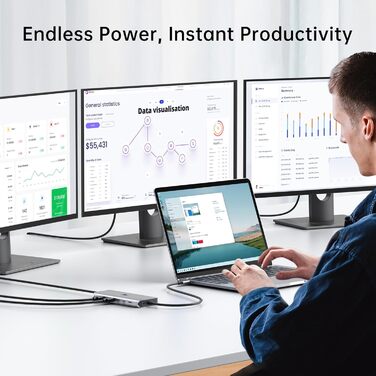 Док-станція USB-C 13-в-1 для ноутбука: 2 HDMI, DisplayPort, 100W PD, SD/TF, Ethernet, Audio/Mic (сірий)