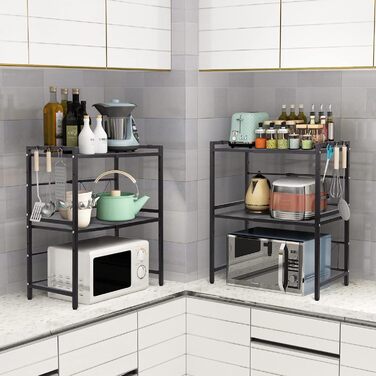 Підставка для мікрохвильової печі Todeco, 3-рівнева, регульована, з 6 гачками, чорна, до 25 кг, 36-60 x 36 x 44 см