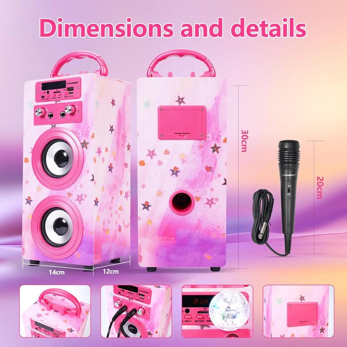 Караоке DYNASONIC з 2 мікрофонами, портативна машина для караоке, Bluetooth-динамік, USB та SD-картрідер, світлові ефекти, подарунок для дітей 5-13 років (Model 15 lights)