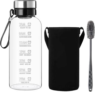 RNCKUUE 2 Liter Glass Bottle, 2l Glass Drinking Bottle, Glass Water Bottle with Strainer, Neoprene Sleeve, Bottle Brush (1500 ml, Filter Screen)