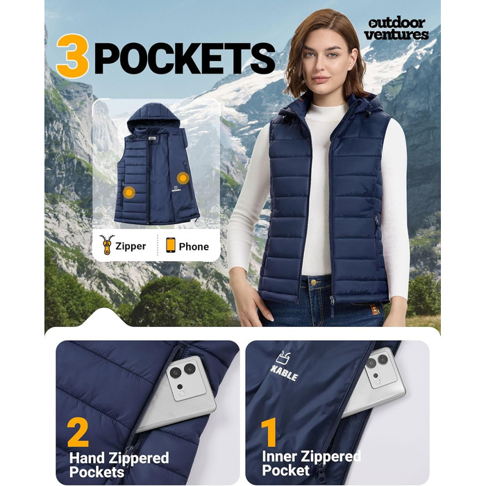 Стьобана жилетка Outdoor Ventures для жінок з капюшоном, гібридна спортивна жилетка для туризму, кемпінгу та велоспорту, темно-синій, XXL