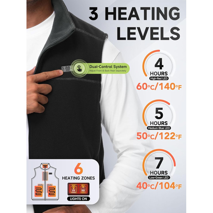 Обогріваючий жилет/куртка з підключенням до Powerbank, Microfleece, 6 зон нагріву, 3 режими температури, для жінок та чоловіків, чорний