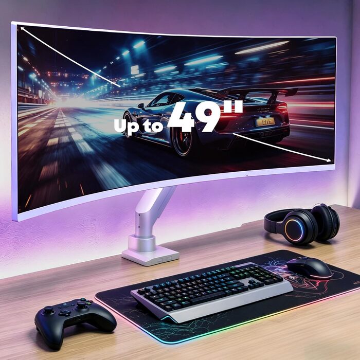 Кронштейн для монітора PUTORSEN Ultrawide до 49 дюймів (до 20 кг) — газліфт з регулюванням нахилу, повороту та обертання, VESA 75/100мм, білий