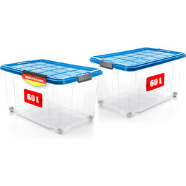 BigDean 2-Piece 60L Storage Box with Lid, Large Transparent - Stackable, Robust Box, BPA-Free - Rollable Stack Box with Secure Snap Closures - Made in Germany (Blue)