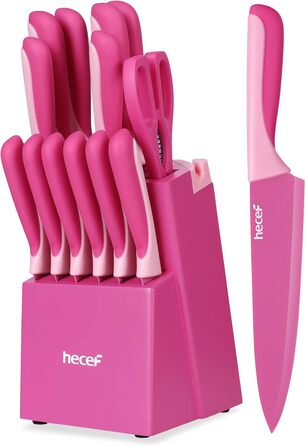 Набір ножів Hecef 14 предметів у блоці, з антипригарним покриттям, для посудомийної машини, самозаточуваний, ергономічні ручки, кухонний набір для будь-якої кухні (рожевий)