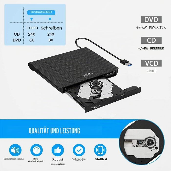 Зовнішній DVD-привід Antika USB 3.0 Type-C, портативний CD/DVD бренер для ноутбука та ПК, підтримка Win11/Win10/MacOS, чорний