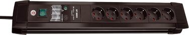 Бренненштуль Преміум-лайн: мережевий фільтр 6 розеток з захистом від перенапруги до 60 000А (з вимикачем та 3м кабелем, для кріплення на стіну, Made in Germany), чорний (струмопровід 30 000 А)