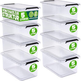 Deuba® 10x Storage Box with Lid - Plastic Boxes, Food Safe, BPA Free, Small, Snap Closure, Transparent, Stackable, Kitchen, Bedroom (5L, 8-Piece Set)