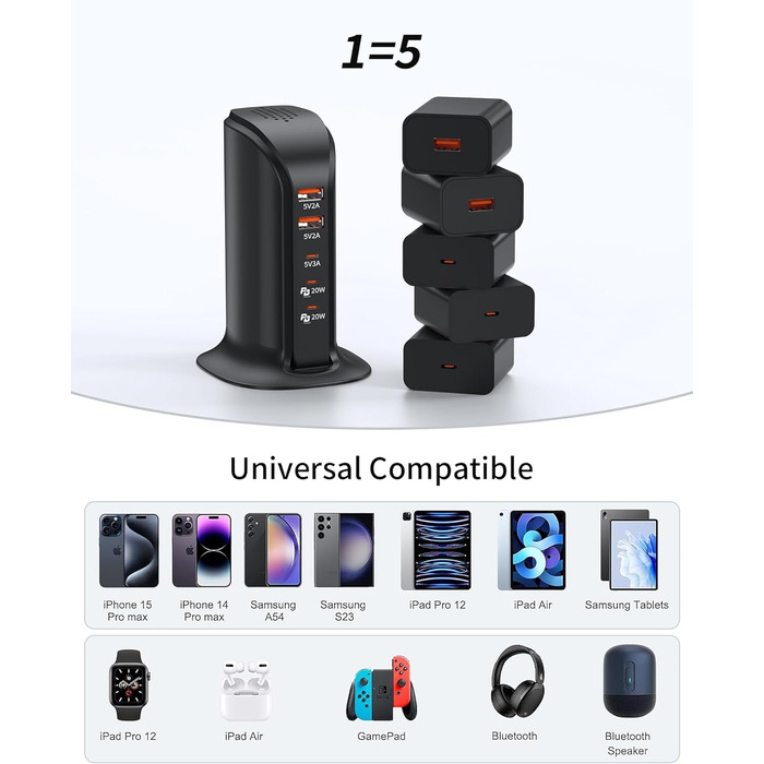 Зарядний пристрій USB-C 55W багатопортовий для iPhone, iPad, Samsung та інших пристроїв - Вежа USB-станція з 5 портами