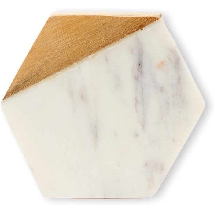 GoCraft Coasters made of marble and mango wood, handcrafted, geometric, white. Marble coasters for drinks, wine glasses, beverages, cocktails, and bar glassware. Elegant home decor (Set of 6)