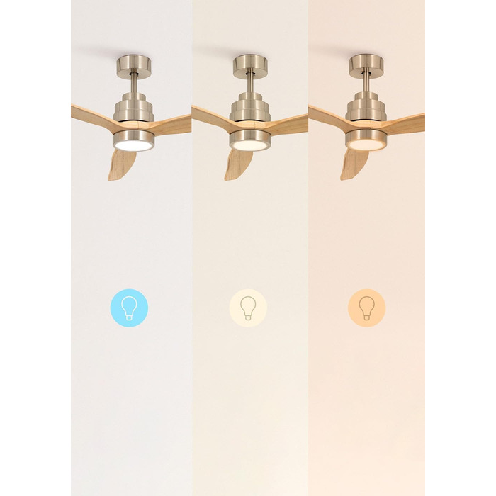Вентилятор стельовий WINDSTYLANCE з натурального дерева з підсвічуванням, Нікель, Wi-Fi, пульт ДУ, 40W, Ø132 см, 6 швидкостей, таймер, DC-двигун, літньо-зимовий режим