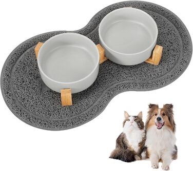 Миска для собак з кераміки, 400 мл, подвійна миска для корму, піднята миска для собак з бамбуковим підставкою та нековзним килимком для маленьких та середніх собак (сіра)
