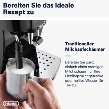 De'Longhi Magnifica Start ECAM222.20.B, fully automatic coffee machine with milk frother, for cappuccino, with espresso direct selection and 2x espresso function, 13-stage conical grinder, 1450 W, Black. Fully automatic coffee machine with touch display.