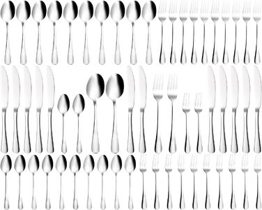 Xespis Cutlery Set 12 People, 60-Piece Stainless Steel Cutlery Set, with Steak Knives, Elegant Dinner Cutlery, High-Gloss Polished and Dishwasher Safe, with Knife Fork Spoon, for Home, Party, Restaurant