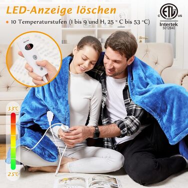 Електрична ковдра Mia&Coco з автовимкненням, 180x200 см, 10 рівнів нагріву, таймер до 9 годин, захист від перегріву, блакитна