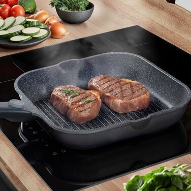 Сковорода гриль STONELINE Smart 28 см з антипригарним покриттям, алюмінієвий литий, зі знімною ручкою, для всіх плит (індукція), сіра