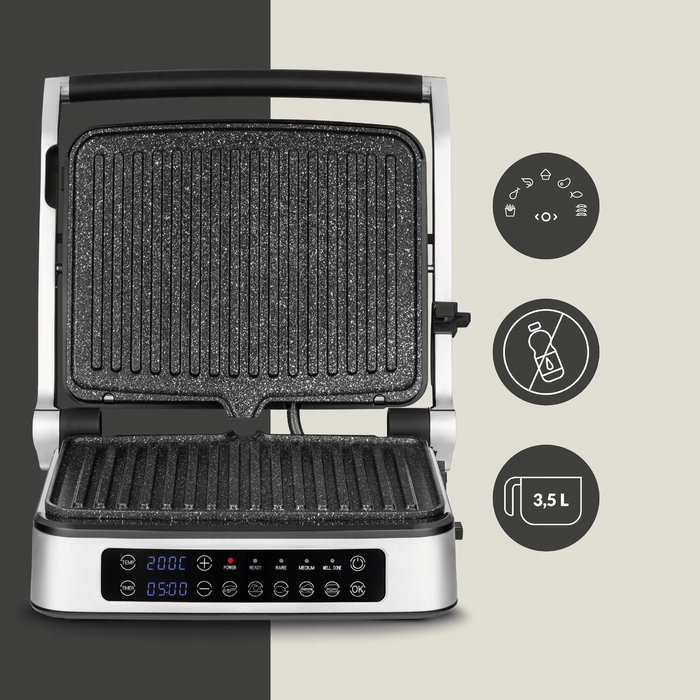 Електричний гриль Zeegma Chef 2100W, сріблястий, таймер, 5 програм, антипригарне покриття
