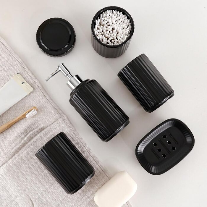 Набір для ванної кімнати NOVAJOY (5 шт.) з кераміки: органайзер, дозатор мила, мильниця, тримач для зубних щіток, контейнер для ватних паличок. Чорний колір.