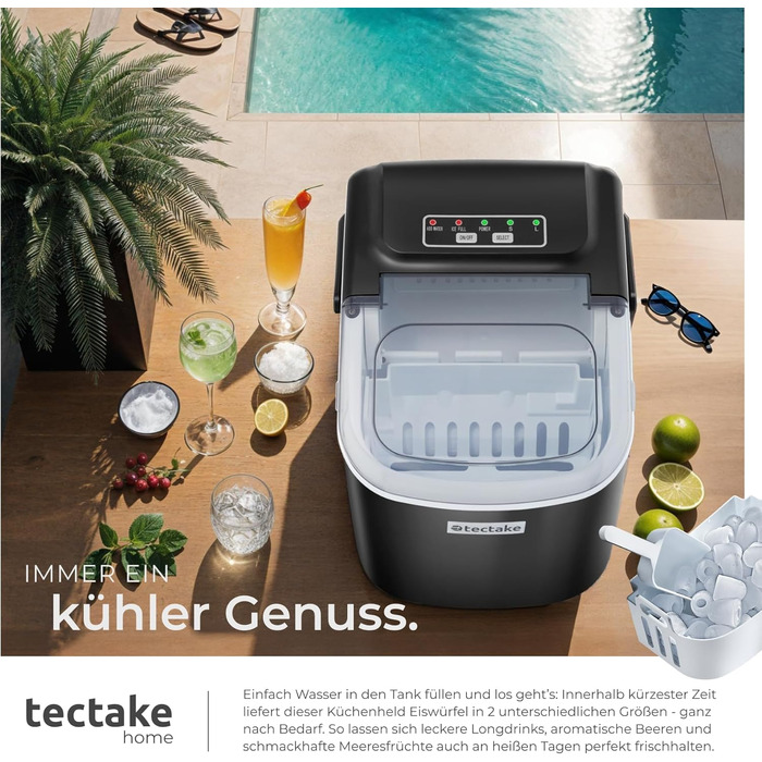 Машина для приготування льоду tectake® - швидке та зручне приготування льоду для дому та бару, чорний колір, 1,2 л, 12 кг/24 год, 2 розміри кубиків льоду, самоочищення, з лопаткою
