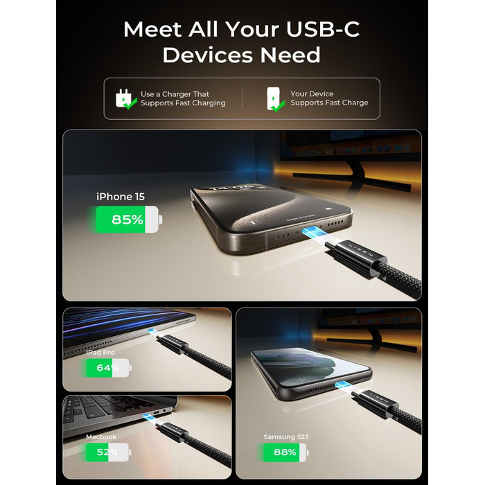 Набір USB-C кабелів LISEN 60W (3x1м + 1x2м), чорний. Підтримка PD 3.0, сумісний з iPhone, Switch, Samsung, MacBook, iPad, Xiaomi