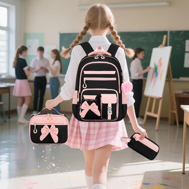 Шкільний рюкзак для дівчинки 3 в 1: рюкзак, ланч-бокс, пенал. Kawaii дизайн, 3-7 клас, антикрадійний, 24L (рожево-чорний)