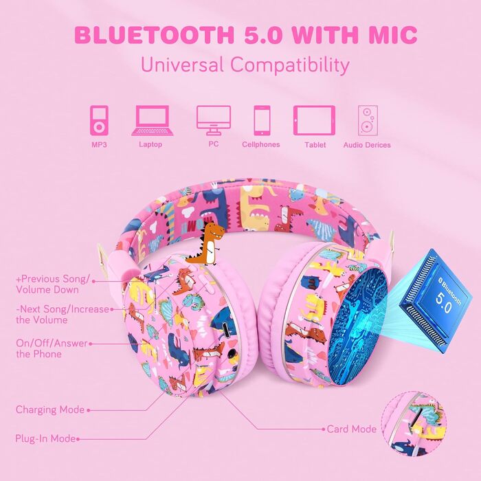 Дитячі навушники JYPS для школи та планшета (3-10 років) з мікрофоном (рожевий динозавр)