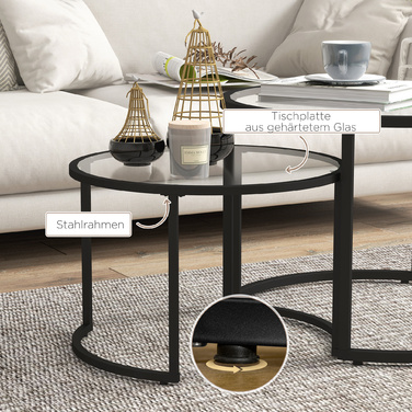 HOMCOM Set of 2 Side Tables with Black Steel Frame and Tempered Glass Tabletop, Partially Stackable for Living Room & Lounge
