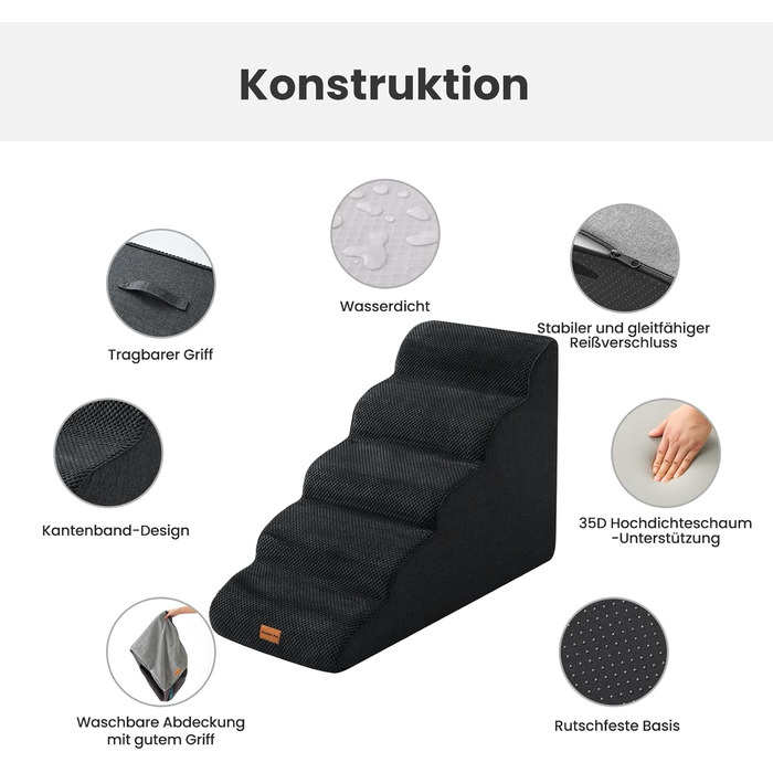 Сходинка для собак Gardner Pet - 35/42 см, 3 сходинки, з високощільної піни, з неслизьким водонепроникним покриттям, для ліжка, дивану, крісла (5 сходинок, чорний колір)