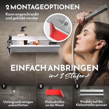 HENAL Shower Shelf Set 5 in 1, Brushed Stainless Steel Shower Shelf without Drilling, Shower Shelf including Razor Holder, Squeegee Holder, Soap Dish & Hook, XXL Bathroom Organizer