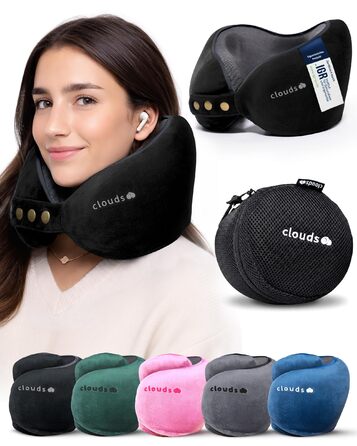 Подушка для шиї CLOUDS для подорожей: Memory Foam, 2 розміри (L/XL), дихаючий чохол, 5 кольорів (чорний)