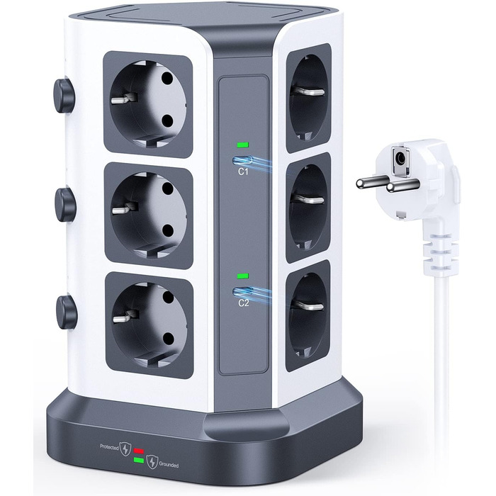 Блок розеток KOOSLA з USB-C, 12 розеток, 3680W/16A, захист від перенапруги (1500J), індивідуальне вмикання, сірий колір, 5м кабель, 65W PD USB-C, 2м