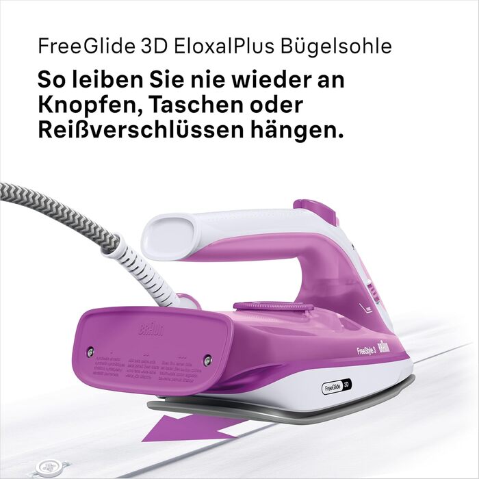 Праска з парою Braun FreeStyle 3 FI3124 PU, 2400 Вт, фіолетово-рожева, технологія FreeGlide 3D, керамічна підошва, Ultimate FastClean