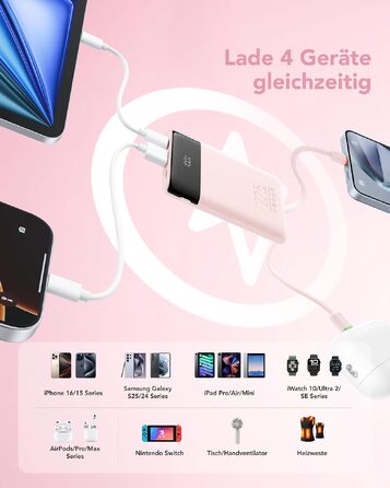Повербанк VEGER 10000mAh 22.5W з вбудованим кабелем USB-C, рожевий