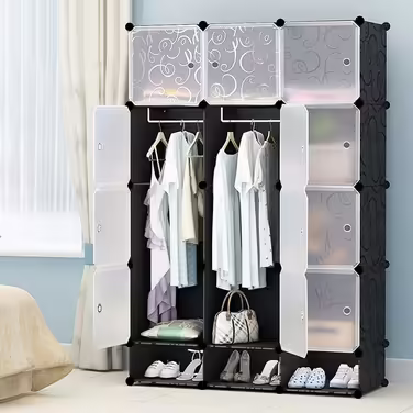 Regal System Shoe Rack Set of 20 Cubes, Plastic Closet with Doors, Plug-in Shelf, DIY Cube Shelf, Storage, Modular Combination Cabinet for Clothes, Shoes, and Books, Black (Black with 16 Cubes)
