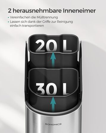 Сміттєве відро SONGMICS для кухні з сортувальником, 30/20 л, з педаллю, 2 відділення, білий + металік