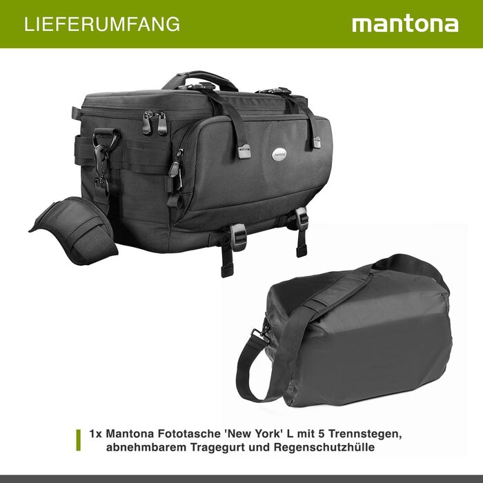 Сумка для камери Mantona New York з внутрішнім розділенням: для об'єктивів, системних та дзеркальних камер, аксесуарів, з дощовиком та регульованим ременем