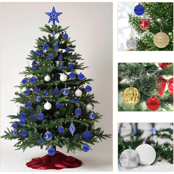 Набір прикрас для ялинки Aufun 108 шт. Преміум, пластикові кулі, верхівка, зірка, безпечні прикраси, ялинкові кулі, багаторазові, декор (шампань) (блакитний/срібний)