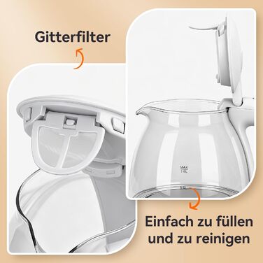 Електричний чайник Aigostar зі скла, 1 л, 2200W, LED-підсвічування, автоматичне відключення, захист від сухого кипіння, BPA Free, білий