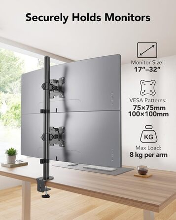 Підставка для монітора HUANUO, 2 монітори, вертикальна, регульована висота, для моніторів 17-32 дюймів, підтримує до 8 кг